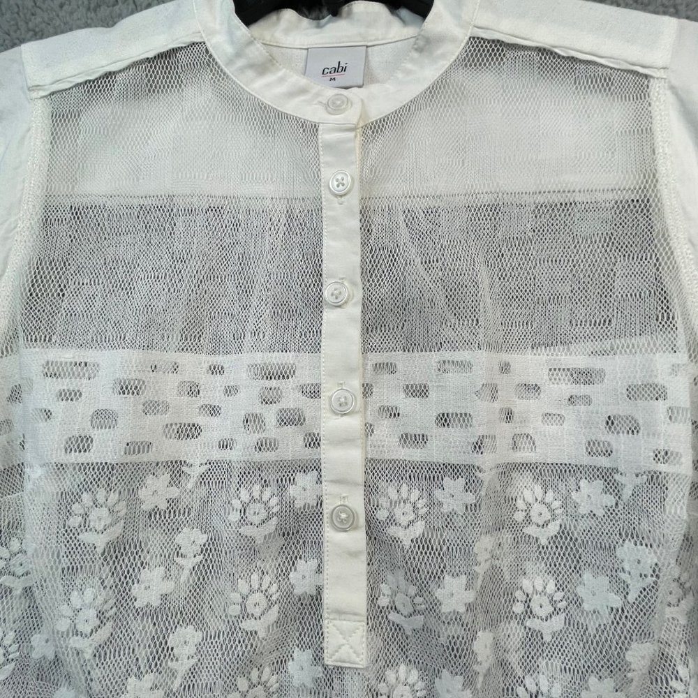 Cabi Top Womens M White Lace Scalloped Silk Trim Henley Style Layering Blouse - Picture 5 of 11